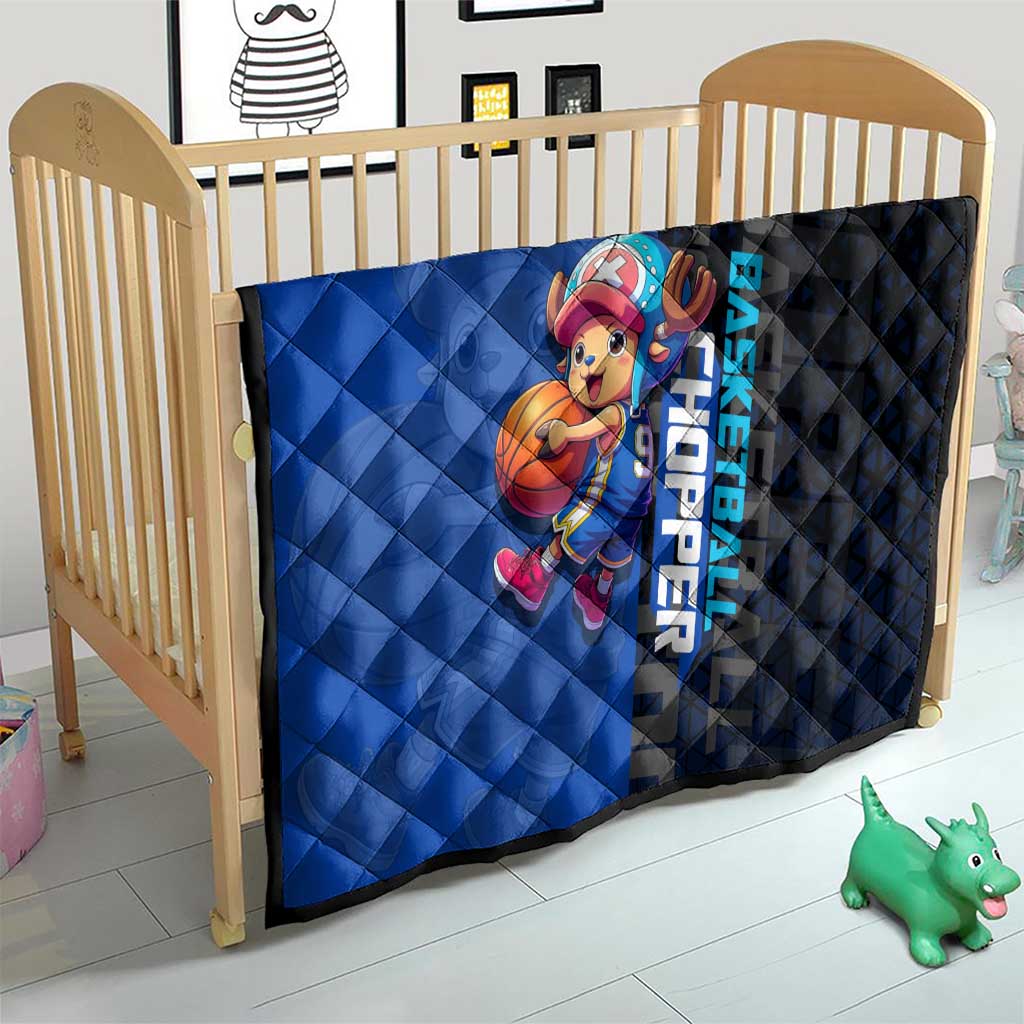 Tony Tony Chopper One Piece Basketball Theme Blue and Black Design Quilt with Straw Hat Crew Emblem and Playful Pose - The Mazicc