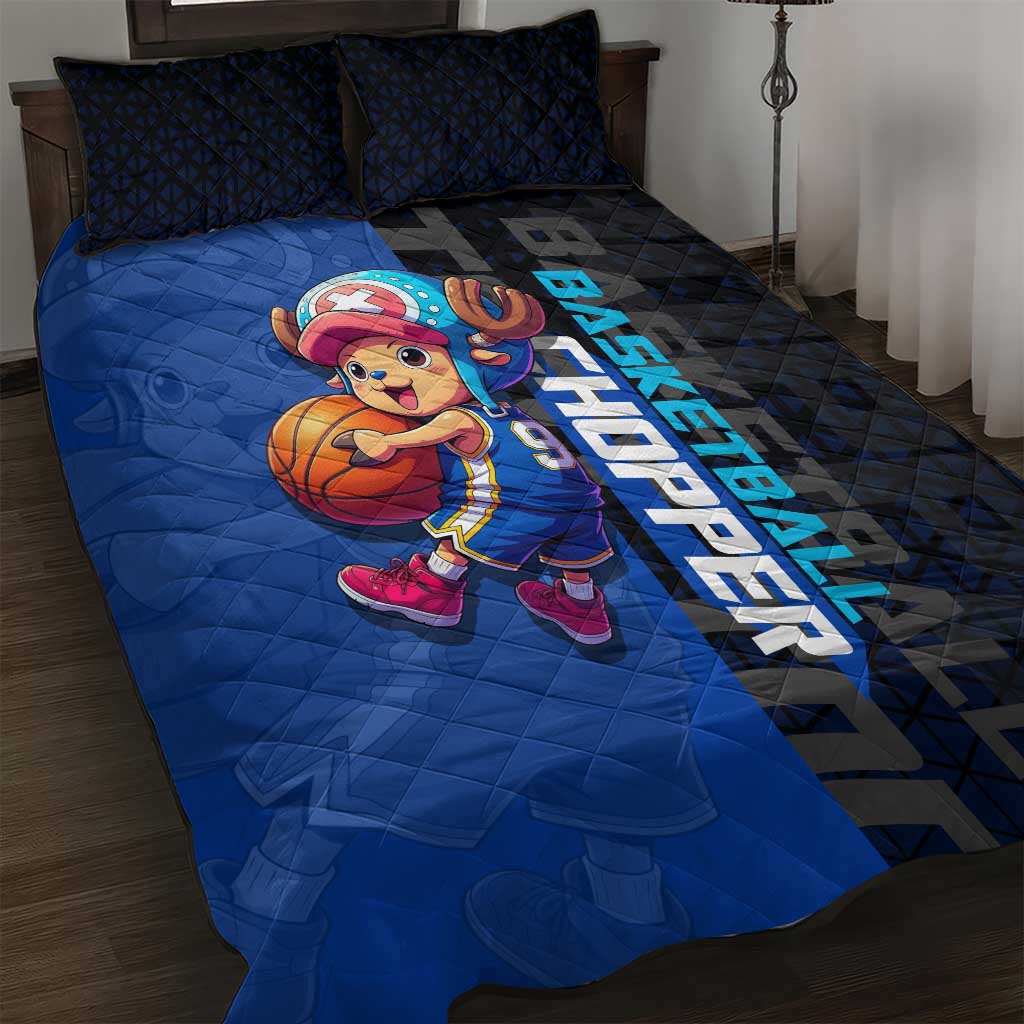 Tony Tony Chopper One Piece Basketball Theme Blue and Black Design Quilt Bed Set with Straw Hat Crew Emblem and Playful Pose - The Mazicc