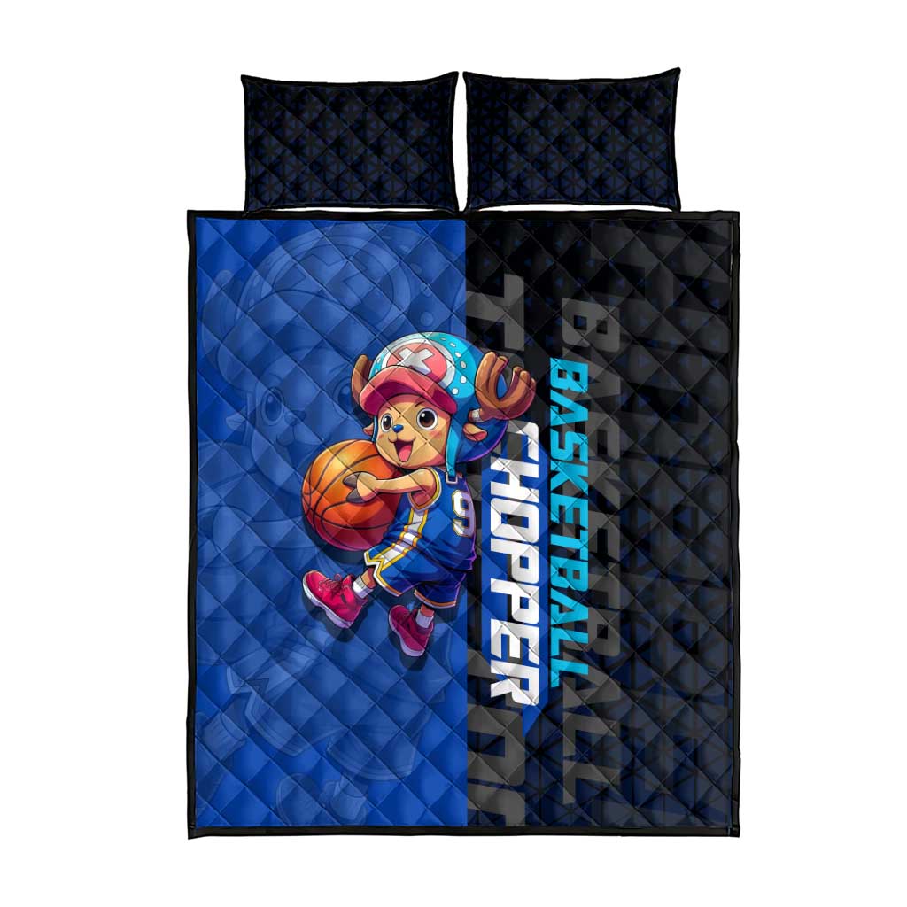 Tony Tony Chopper One Piece Basketball Theme Blue and Black Design Quilt Bed Set with Straw Hat Crew Emblem and Playful Pose - The Mazicc