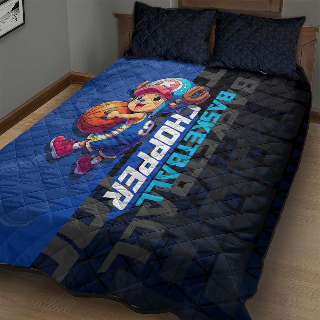 Tony Tony Chopper One Piece Basketball Theme Blue and Black Design Quilt Bed Set with Straw Hat Crew Emblem and Playful Pose - The Mazicc