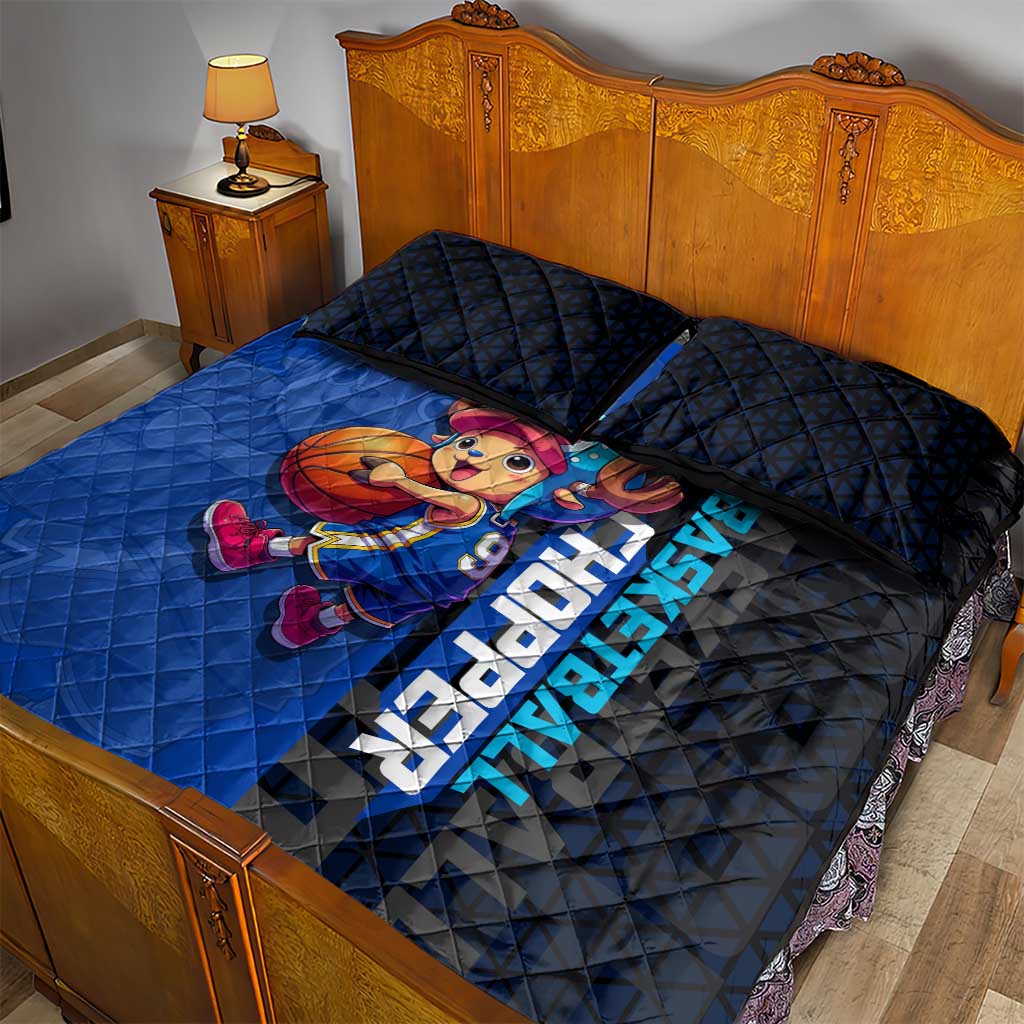 Tony Tony Chopper One Piece Basketball Theme Blue and Black Design Quilt Bed Set with Straw Hat Crew Emblem and Playful Pose - The Mazicc