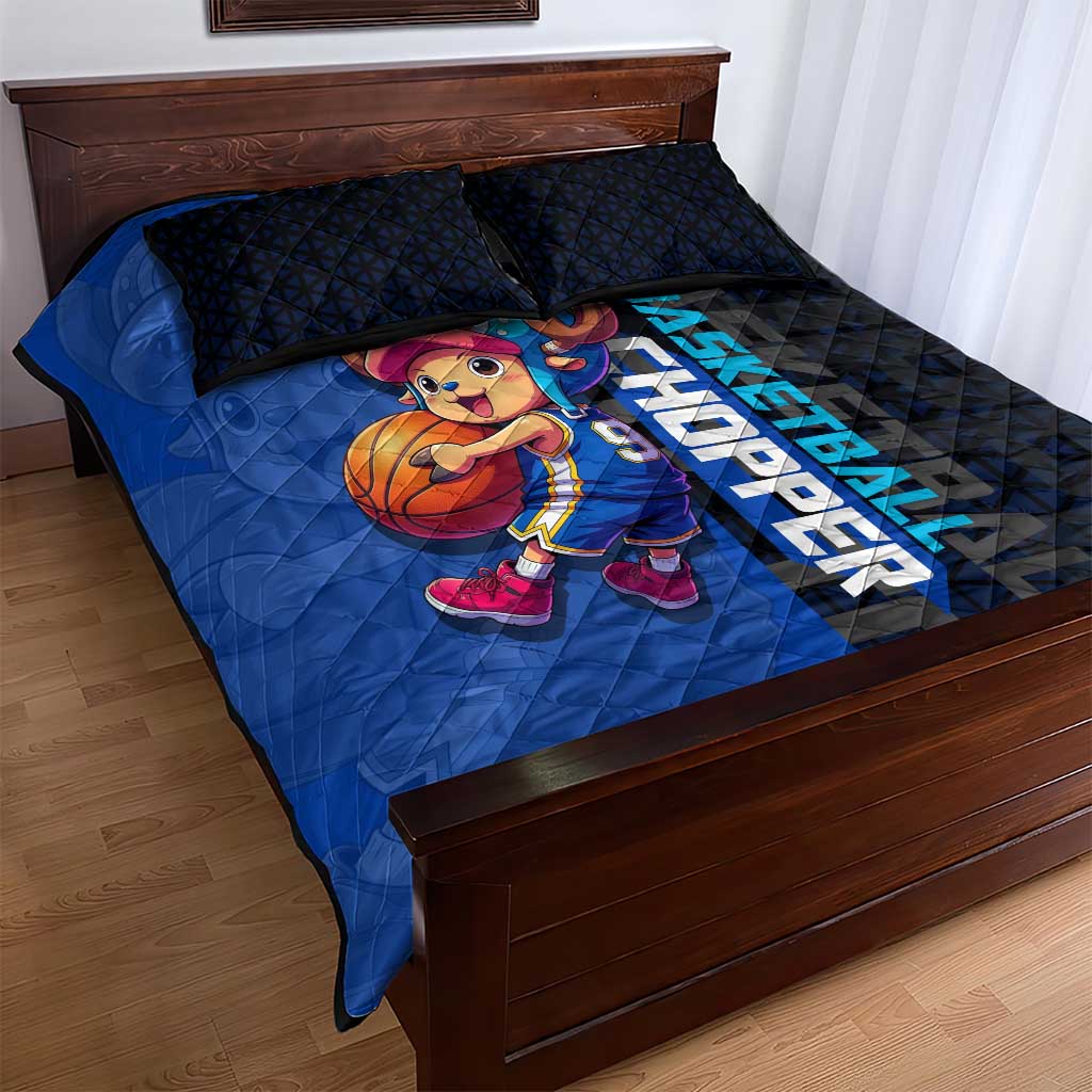 Tony Tony Chopper One Piece Basketball Theme Blue and Black Design Quilt Bed Set with Straw Hat Crew Emblem and Playful Pose - The Mazicc