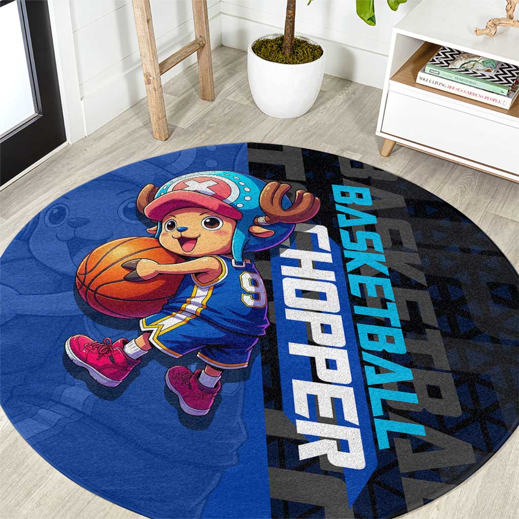 Tony Tony Chopper One Piece Basketball Theme Blue and Black Design Round Carpet with Straw Hat Crew Emblem and Playful Pose - The Mazicc