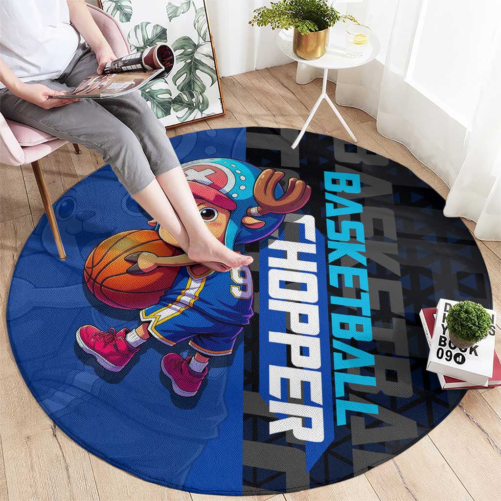 Tony Tony Chopper One Piece Basketball Theme Blue and Black Design Round Carpet with Straw Hat Crew Emblem and Playful Pose - The Mazicc