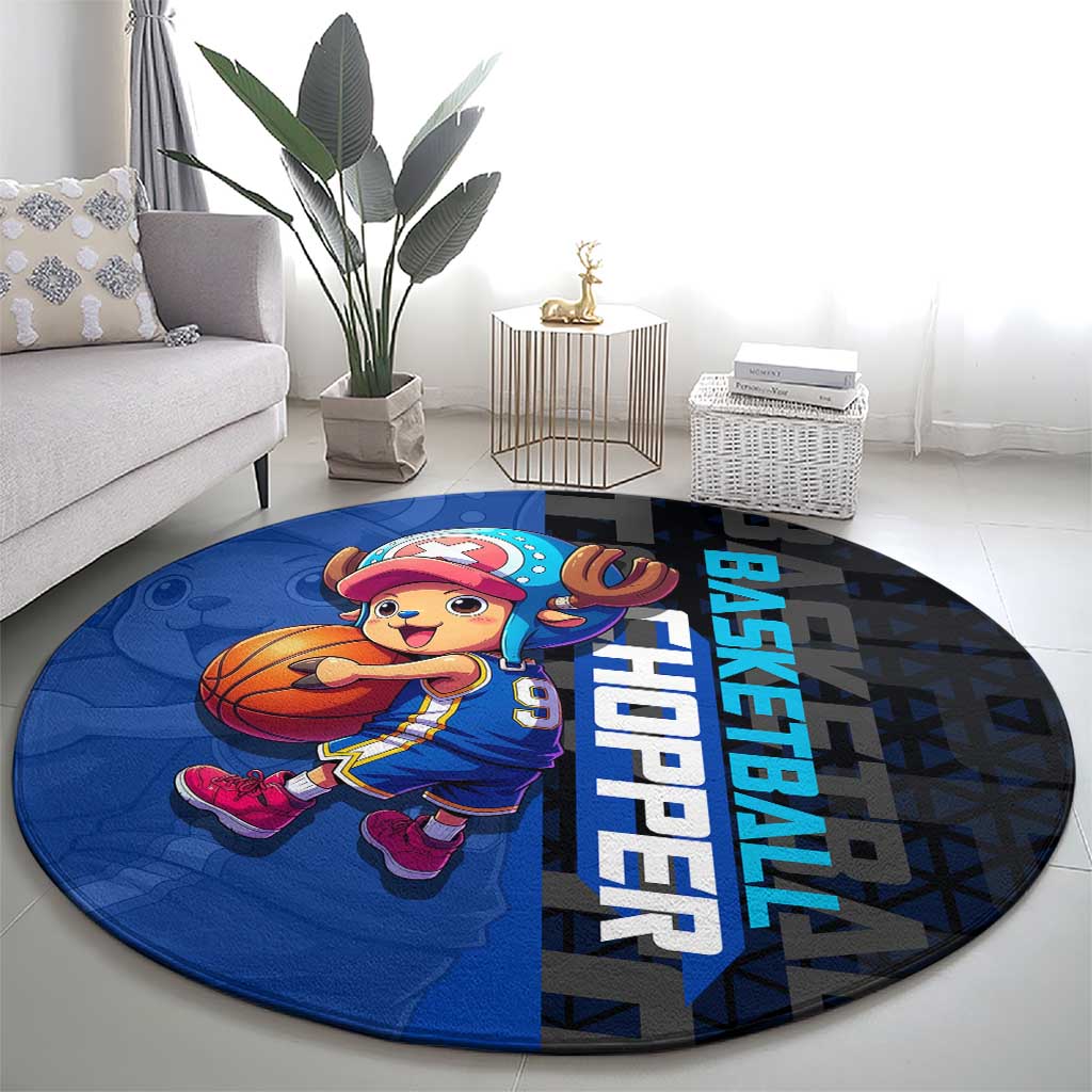Tony Tony Chopper One Piece Basketball Theme Blue and Black Design Round Carpet with Straw Hat Crew Emblem and Playful Pose - The Mazicc