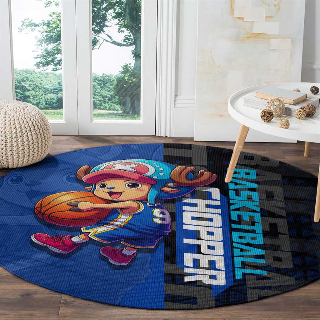 Tony Tony Chopper One Piece Basketball Theme Blue and Black Design Round Carpet with Straw Hat Crew Emblem and Playful Pose - The Mazicc