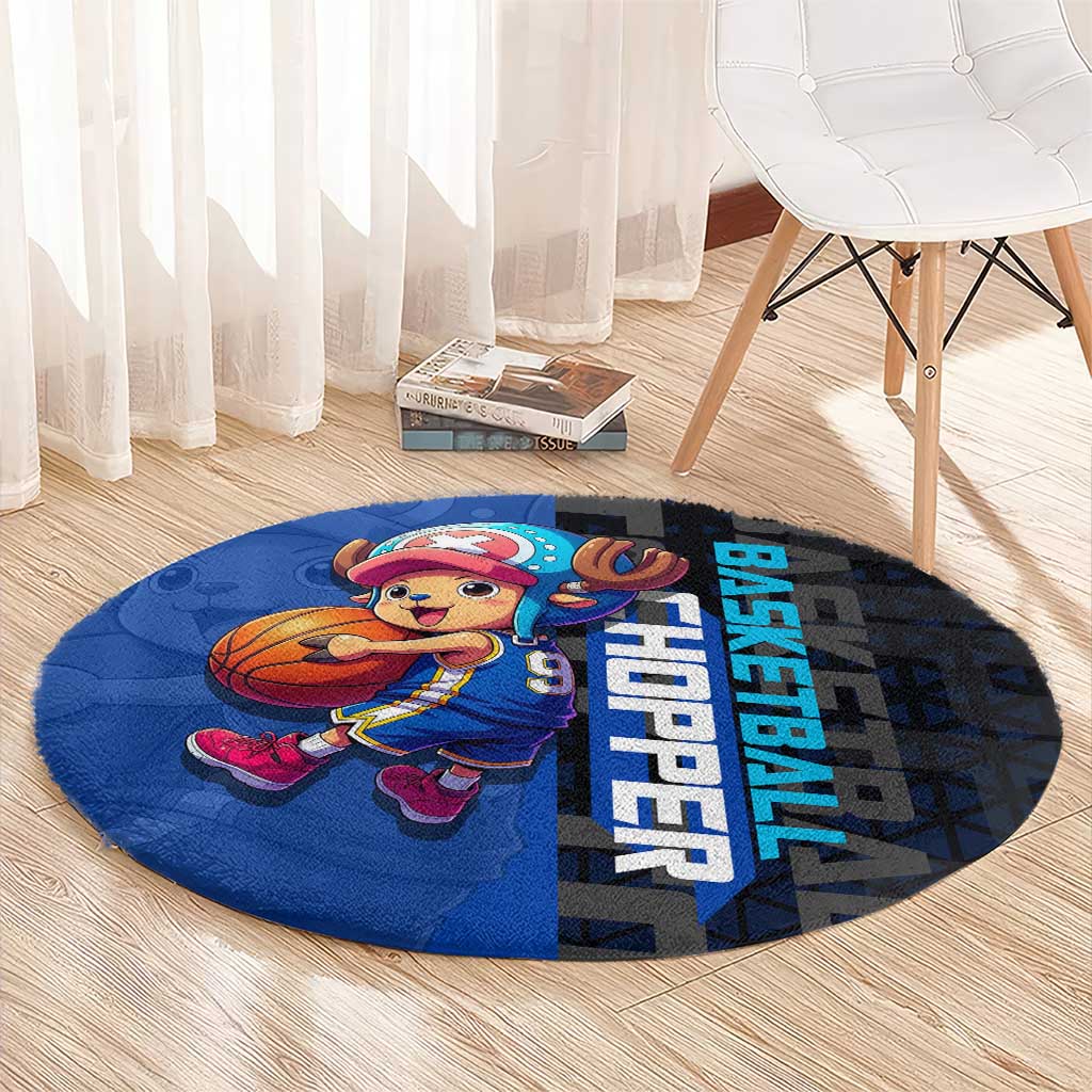 Tony Tony Chopper One Piece Basketball Theme Blue and Black Design Round Carpet with Straw Hat Crew Emblem and Playful Pose - The Mazicc