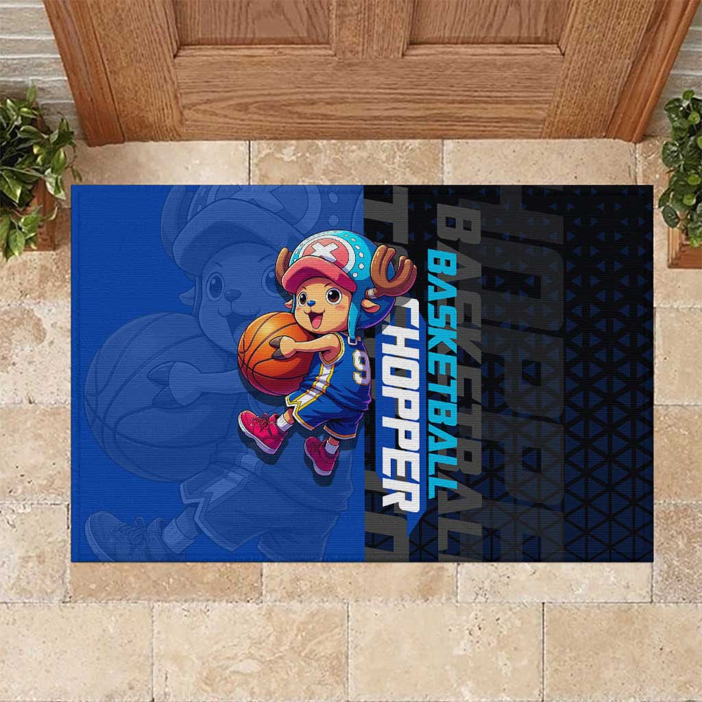 Tony Tony Chopper One Piece Basketball Theme Blue and Black Design Rubber Doormat with Straw Hat Crew Emblem and Playful Pose - The Mazicc