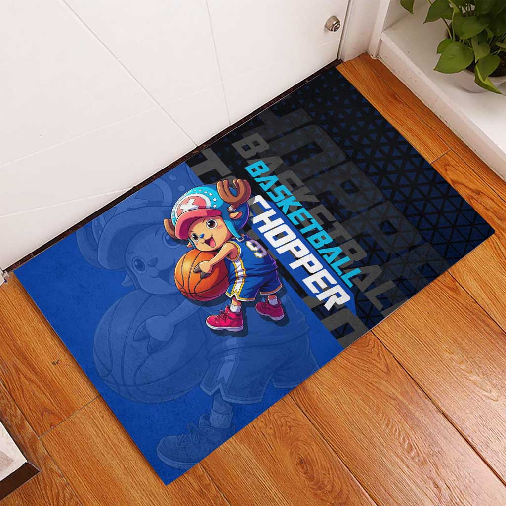 Tony Tony Chopper One Piece Basketball Theme Blue and Black Design Rubber Doormat with Straw Hat Crew Emblem and Playful Pose - The Mazicc