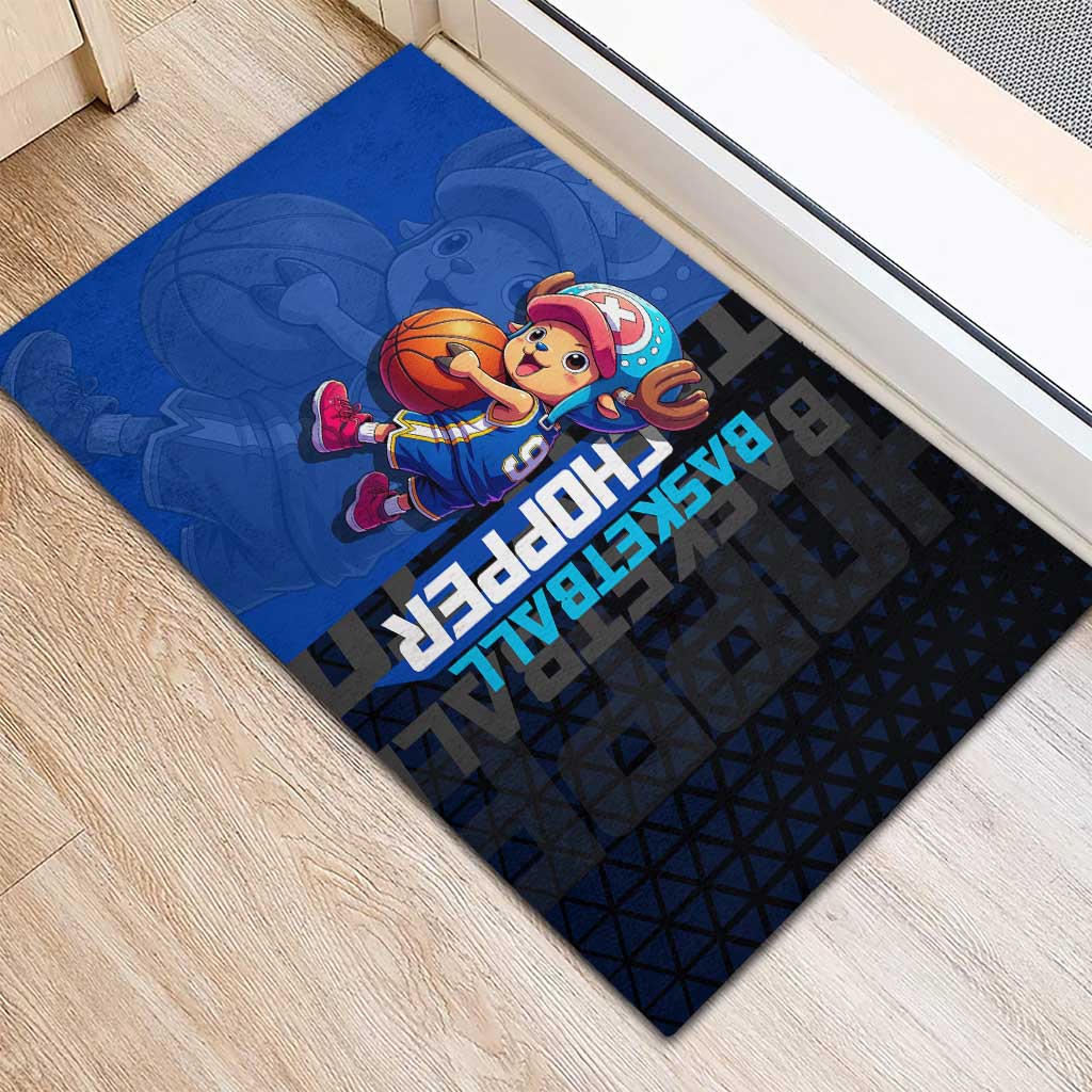 Tony Tony Chopper One Piece Basketball Theme Blue and Black Design Rubber Doormat with Straw Hat Crew Emblem and Playful Pose - The Mazicc
