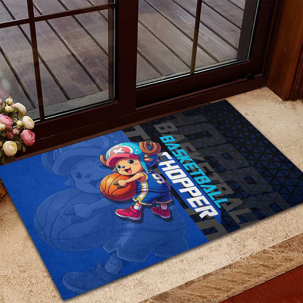 Tony Tony Chopper One Piece Basketball Theme Blue and Black Design Rubber Doormat with Straw Hat Crew Emblem and Playful Pose - The Mazicc