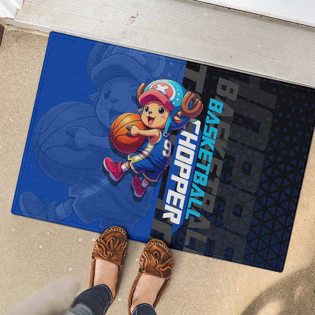 Tony Tony Chopper One Piece Basketball Theme Blue and Black Design Rubber Doormat with Straw Hat Crew Emblem and Playful Pose - The Mazicc