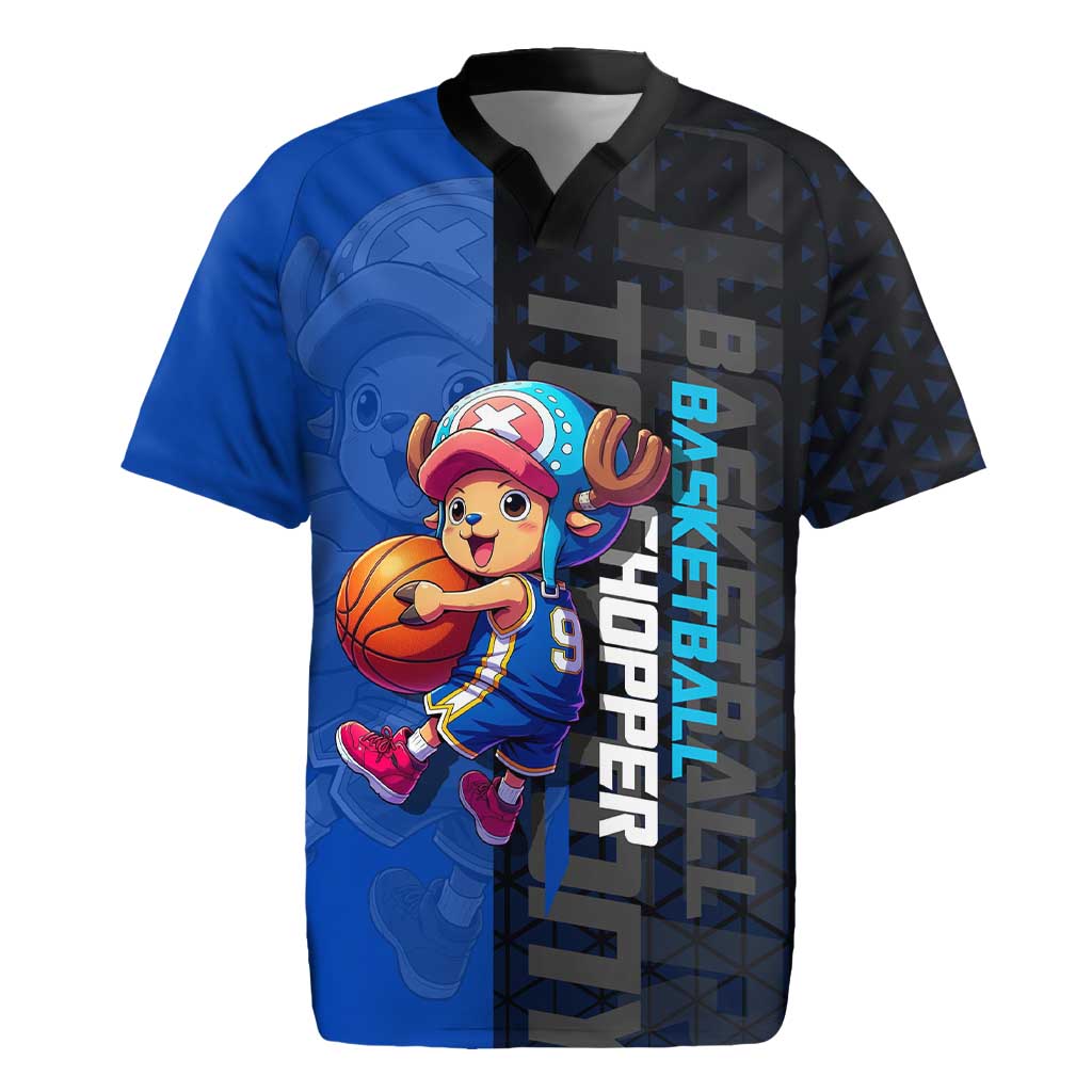 Tony Tony Chopper One Piece Basketball Theme Blue and Black Design Rugby Jersey with Straw Hat Crew Emblem and Playful Pose - The Mazicc