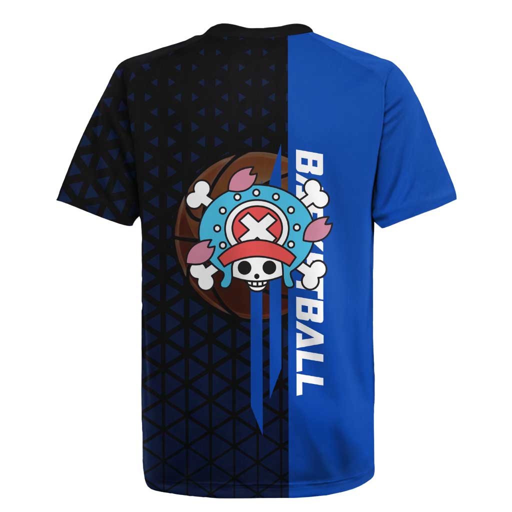 Tony Tony Chopper One Piece Basketball Theme Blue and Black Design Rugby Jersey with Straw Hat Crew Emblem and Playful Pose - The Mazicc