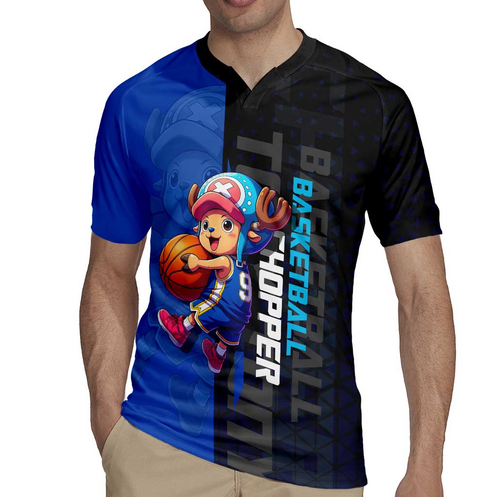 Tony Tony Chopper One Piece Basketball Theme Blue and Black Design Rugby Jersey with Straw Hat Crew Emblem and Playful Pose - The Mazicc