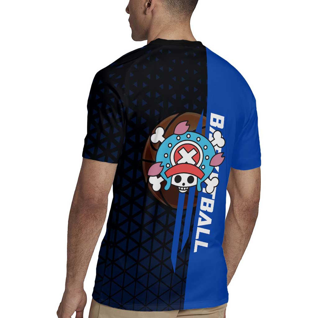 Tony Tony Chopper One Piece Basketball Theme Blue and Black Design Rugby Jersey with Straw Hat Crew Emblem and Playful Pose - The Mazicc