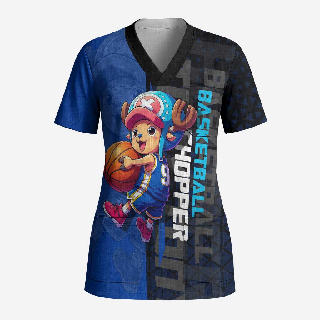Tony Tony Chopper One Piece Basketball Theme Blue and Black Design Scrub Top with Straw Hat Crew Emblem and Playful Pose - The Mazicc