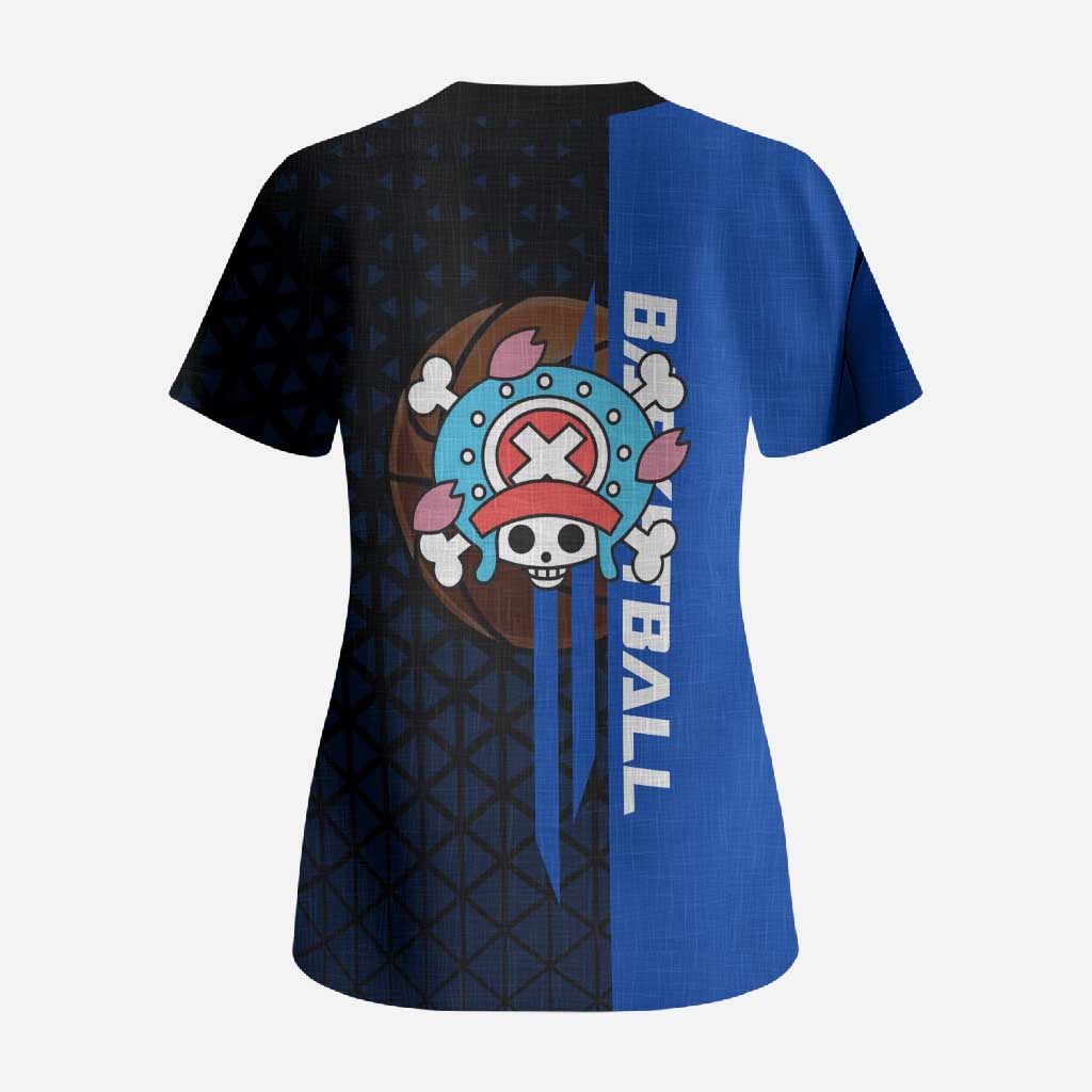 Tony Tony Chopper One Piece Basketball Theme Blue and Black Design Scrub Top with Straw Hat Crew Emblem and Playful Pose - The Mazicc