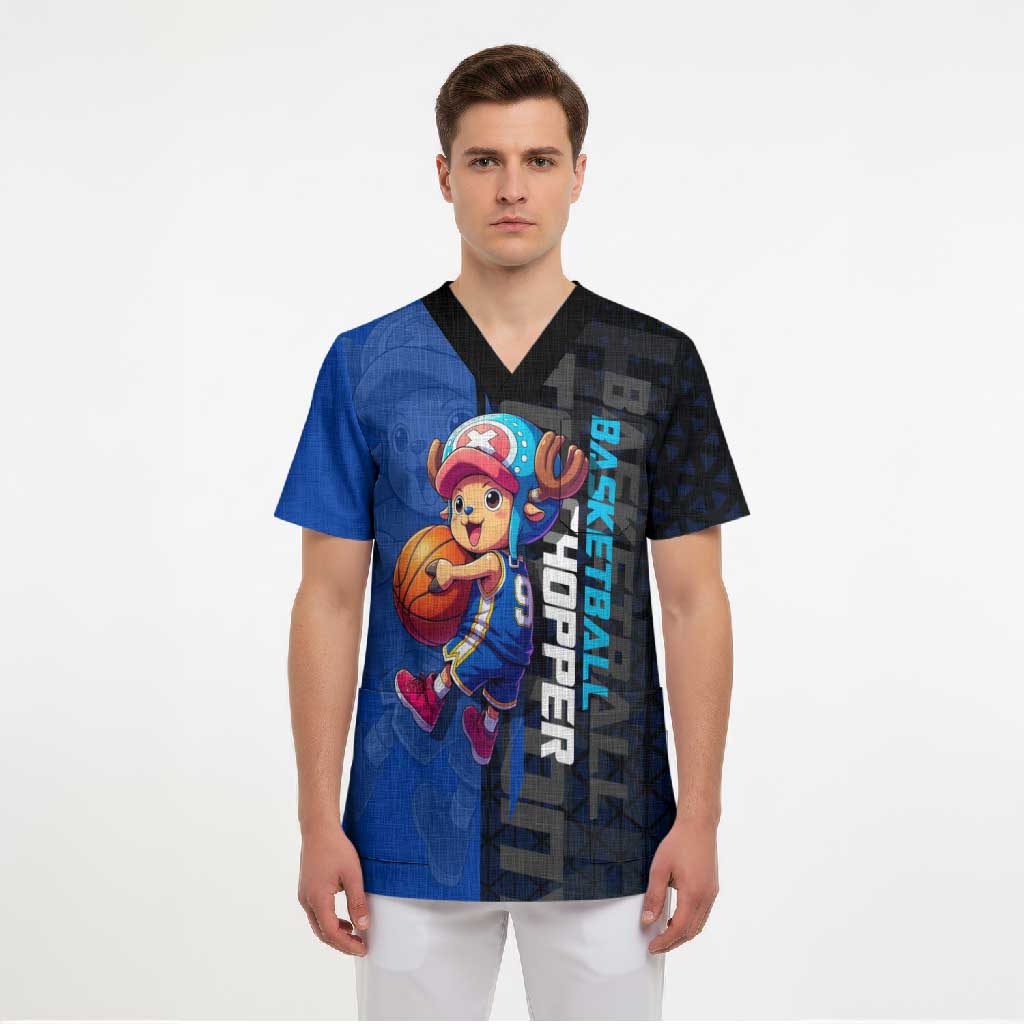 Tony Tony Chopper One Piece Basketball Theme Blue and Black Design Scrub Top with Straw Hat Crew Emblem and Playful Pose - The Mazicc