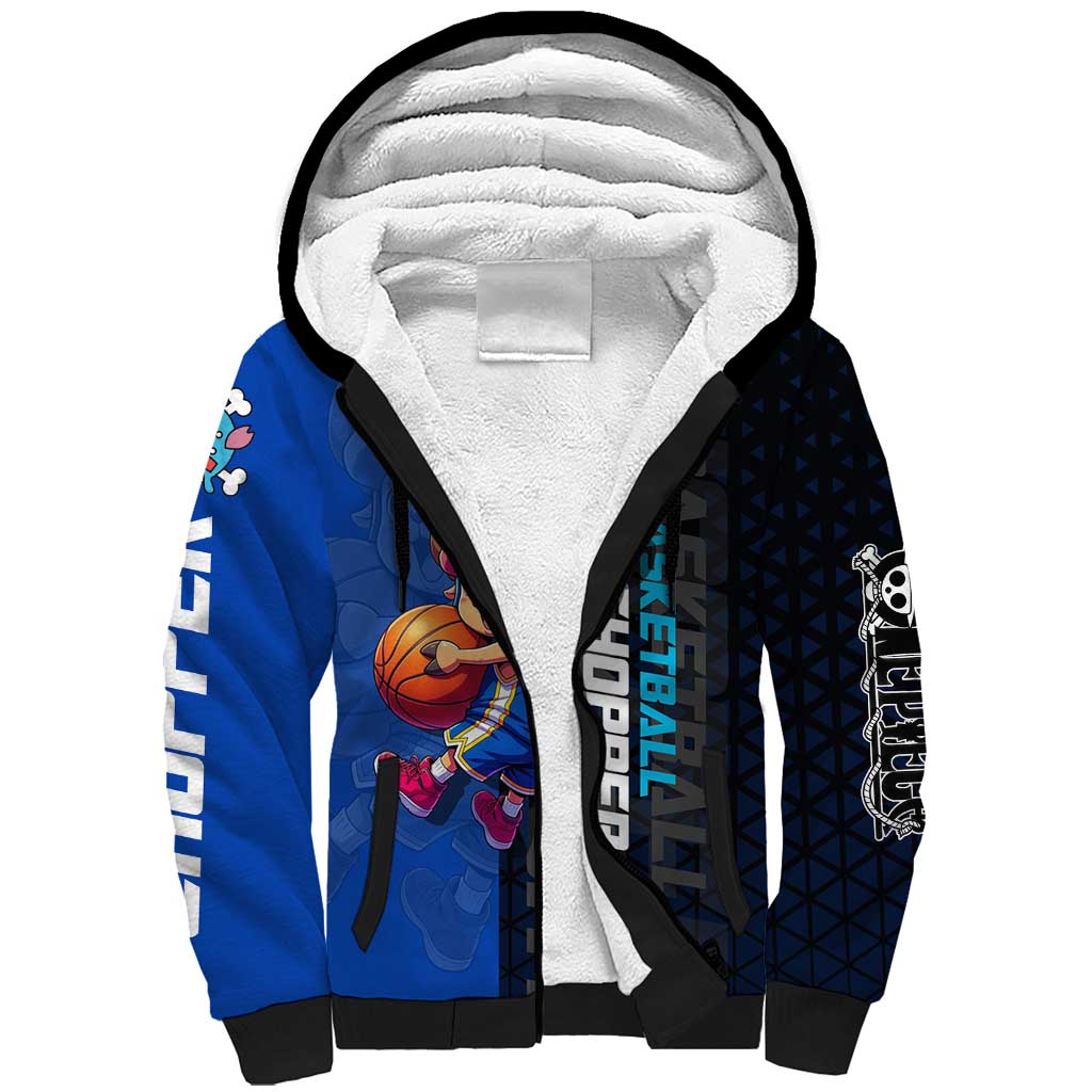 Tony Tony Chopper One Piece Basketball Theme Blue and Black Design Sherpa Hoodie with Straw Hat Crew Emblem and Playful Pose - The Mazicc