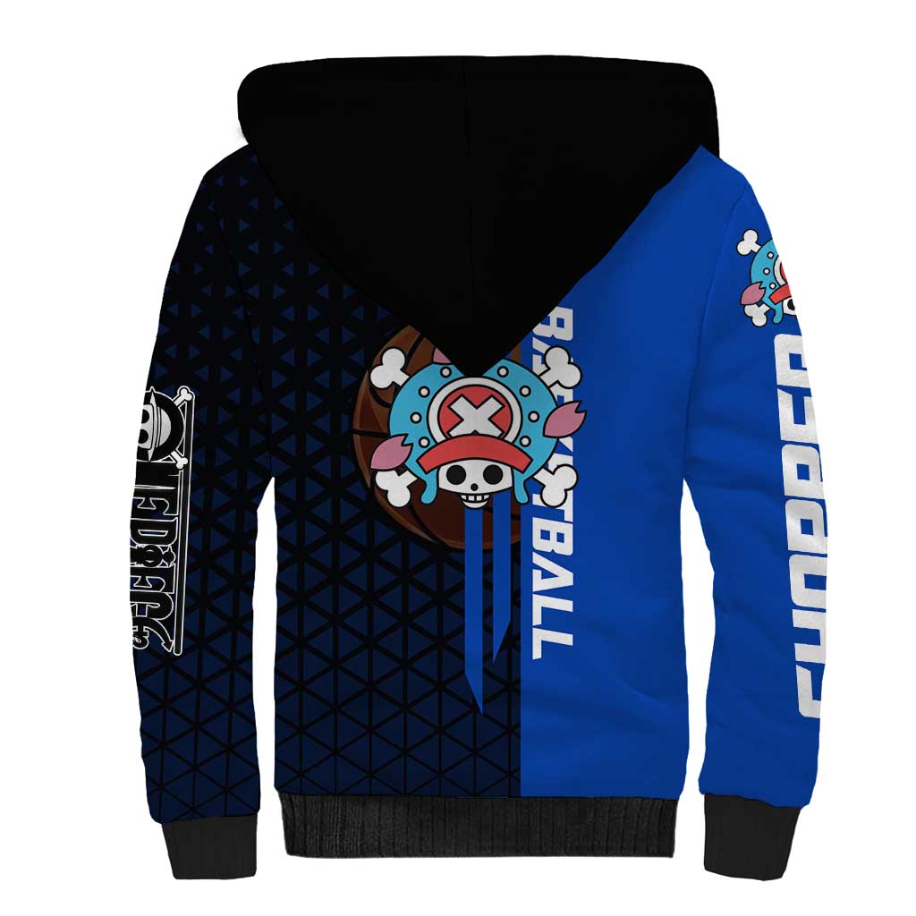Tony Tony Chopper One Piece Basketball Theme Blue and Black Design Sherpa Hoodie with Straw Hat Crew Emblem and Playful Pose - The Mazicc