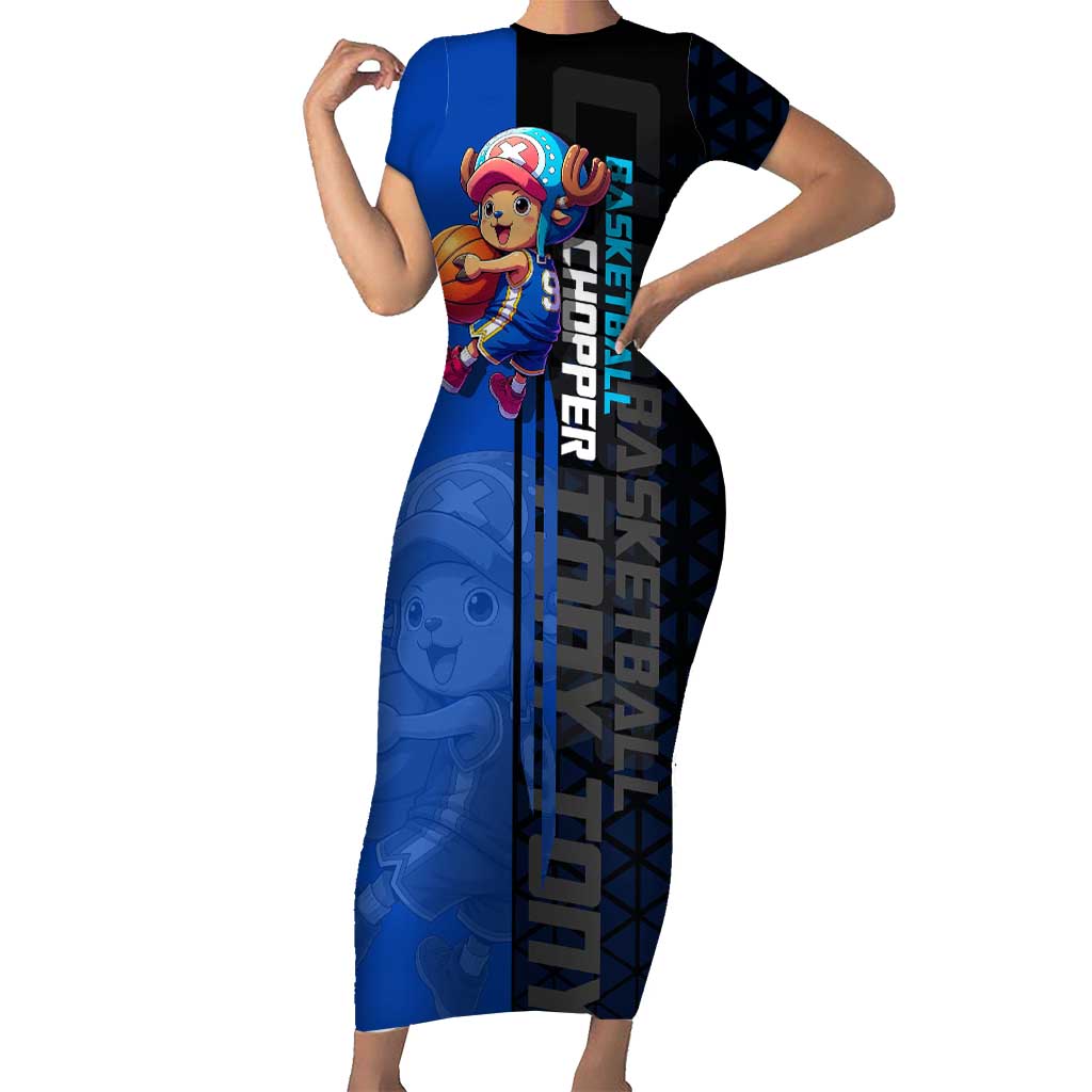 Tony Tony Chopper One Piece Basketball Theme Blue and Black Design Short Sleeve Bodycon Dress with Straw Hat Crew Emblem and Playful Pose - The Mazicc