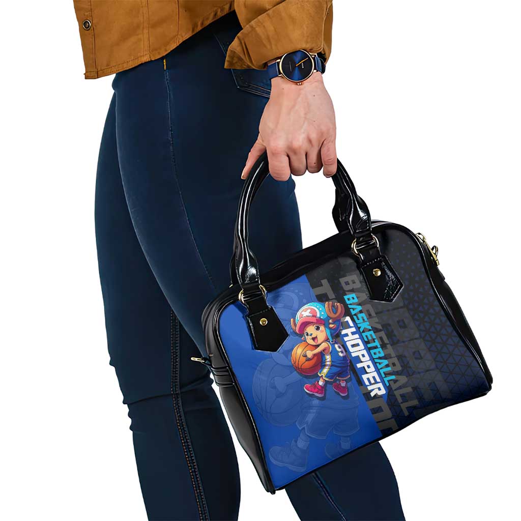 Tony Tony Chopper One Piece Basketball Theme Blue and Black Design Shoulder Handbag with Straw Hat Crew Emblem and Playful Pose - The Mazicc