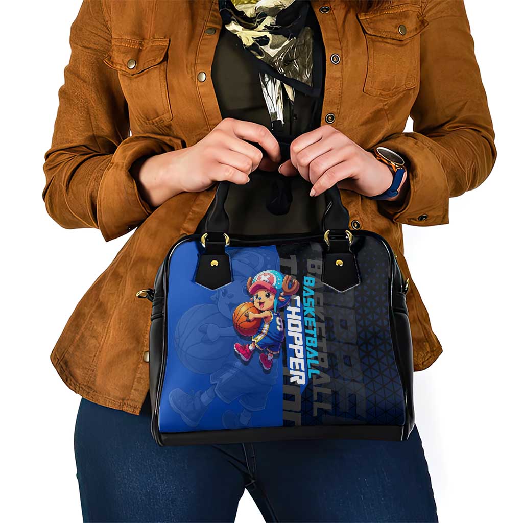 Tony Tony Chopper One Piece Basketball Theme Blue and Black Design Shoulder Handbag with Straw Hat Crew Emblem and Playful Pose - The Mazicc