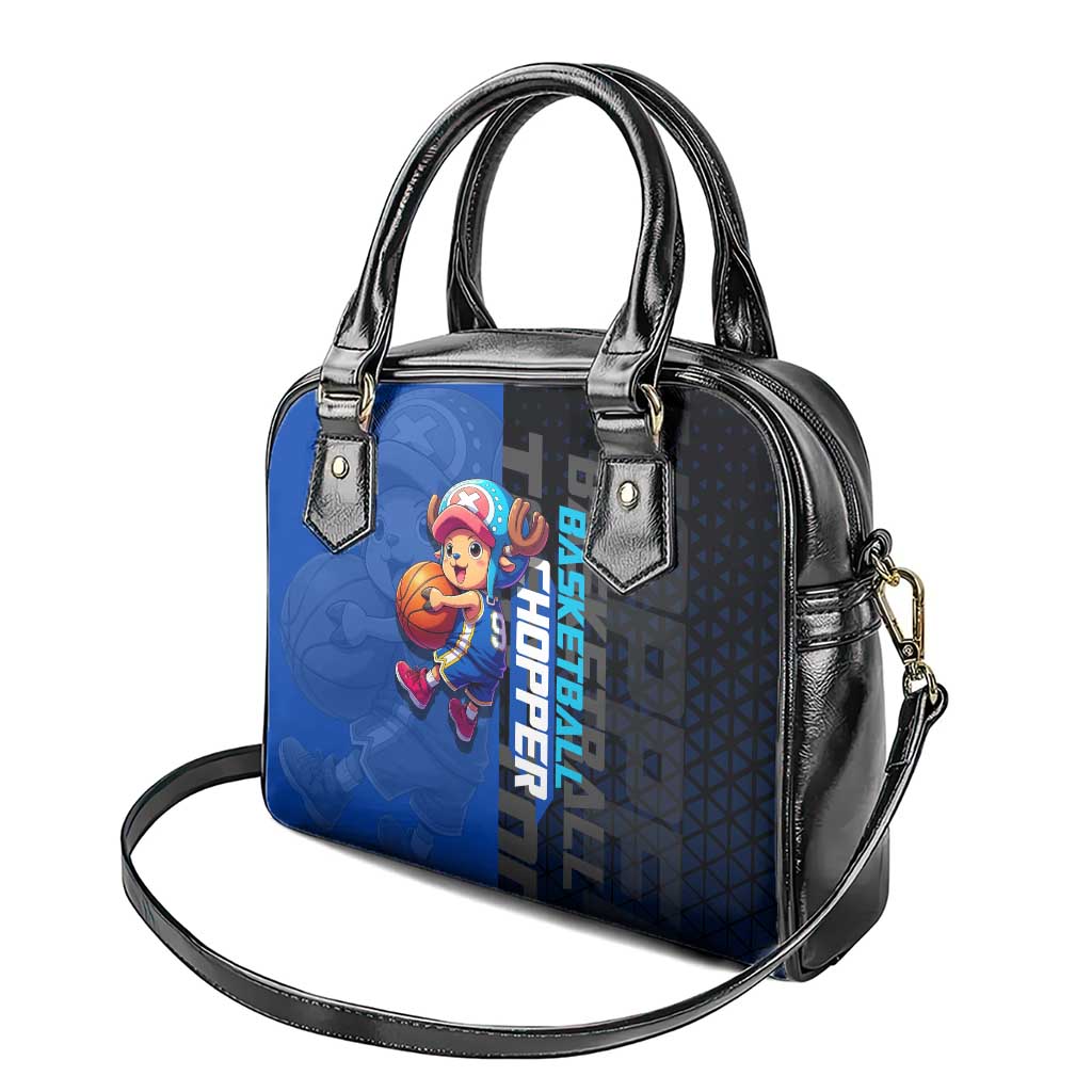 Tony Tony Chopper One Piece Basketball Theme Blue and Black Design Shoulder Handbag with Straw Hat Crew Emblem and Playful Pose - The Mazicc