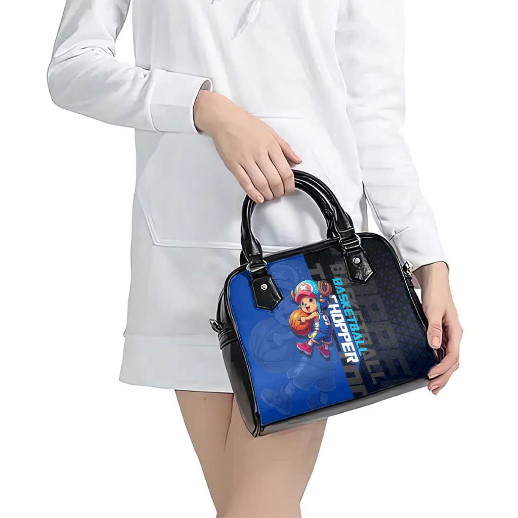 Tony Tony Chopper One Piece Basketball Theme Blue and Black Design Shoulder Handbag with Straw Hat Crew Emblem and Playful Pose - The Mazicc