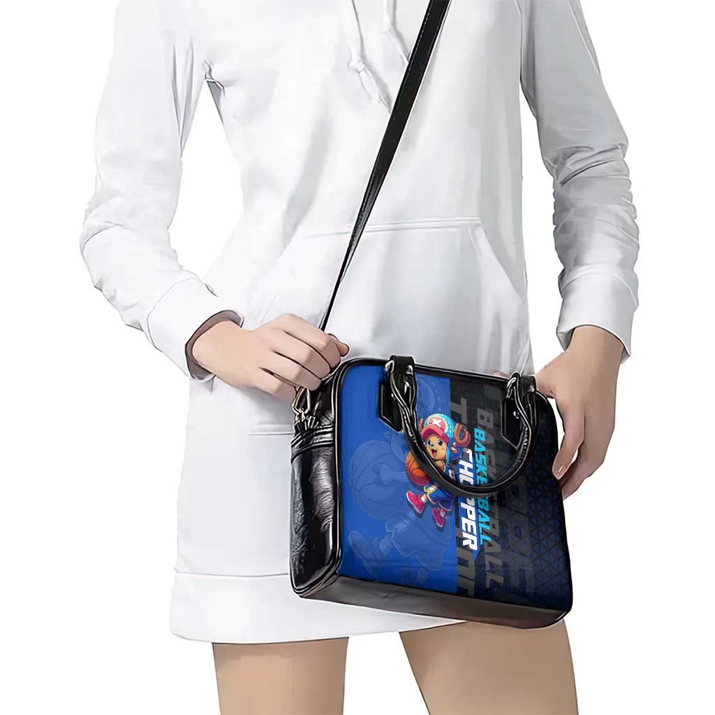 Tony Tony Chopper One Piece Basketball Theme Blue and Black Design Shoulder Handbag with Straw Hat Crew Emblem and Playful Pose - The Mazicc
