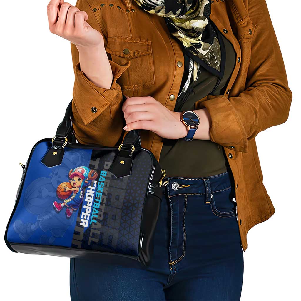 Tony Tony Chopper One Piece Basketball Theme Blue and Black Design Shoulder Handbag with Straw Hat Crew Emblem and Playful Pose - The Mazicc