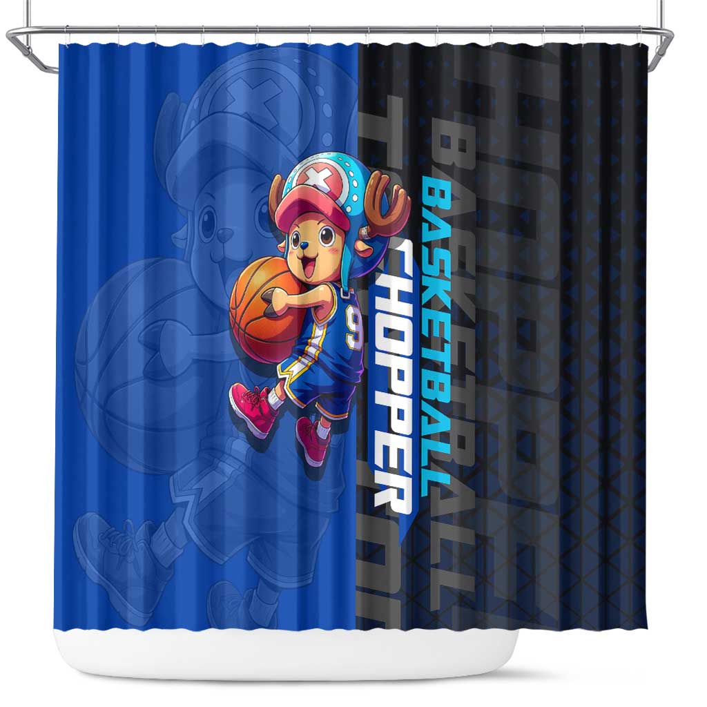 Tony Tony Chopper One Piece Basketball Theme Blue and Black Design Shower Curtain with Straw Hat Crew Emblem and Playful Pose - The Mazicc