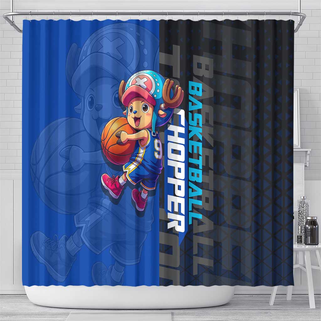 Tony Tony Chopper One Piece Basketball Theme Blue and Black Design Shower Curtain with Straw Hat Crew Emblem and Playful Pose - The Mazicc