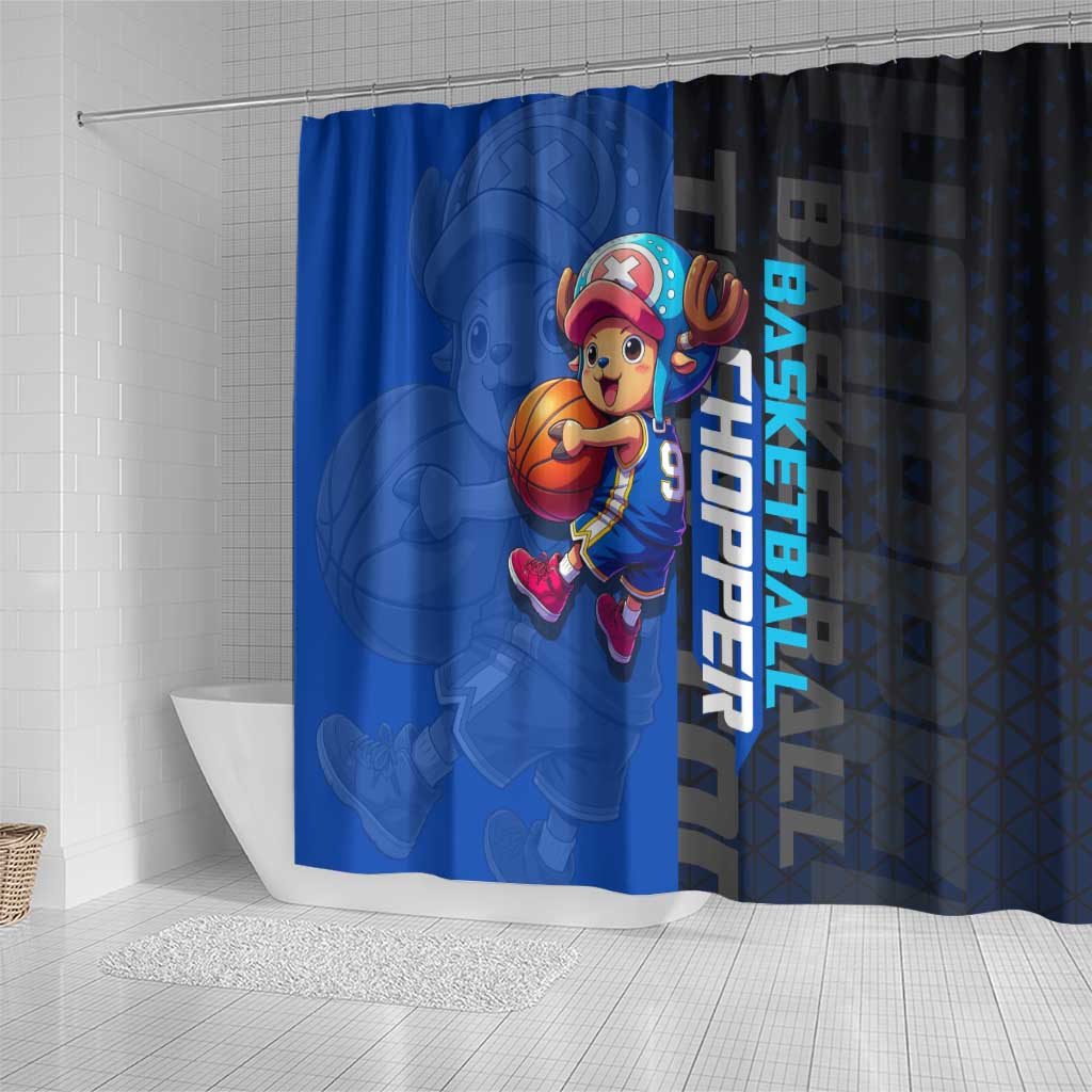 Tony Tony Chopper One Piece Basketball Theme Blue and Black Design Shower Curtain with Straw Hat Crew Emblem and Playful Pose - The Mazicc