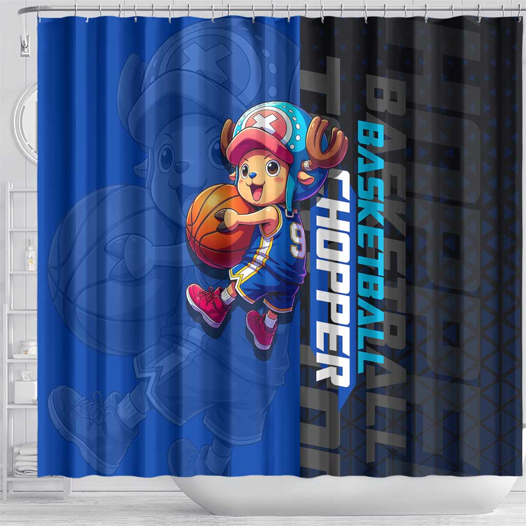 Tony Tony Chopper One Piece Basketball Theme Blue and Black Design Shower Curtain with Straw Hat Crew Emblem and Playful Pose - The Mazicc