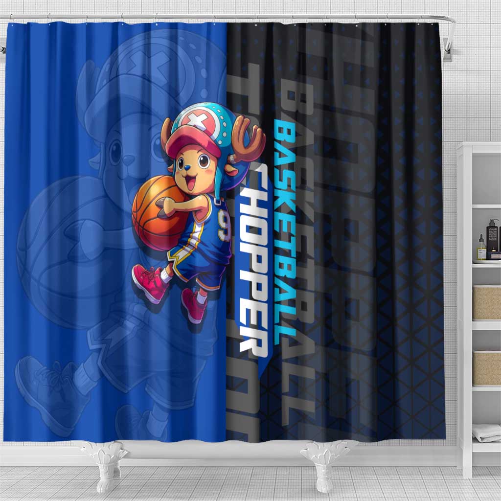 Tony Tony Chopper One Piece Basketball Theme Blue and Black Design Shower Curtain with Straw Hat Crew Emblem and Playful Pose - The Mazicc