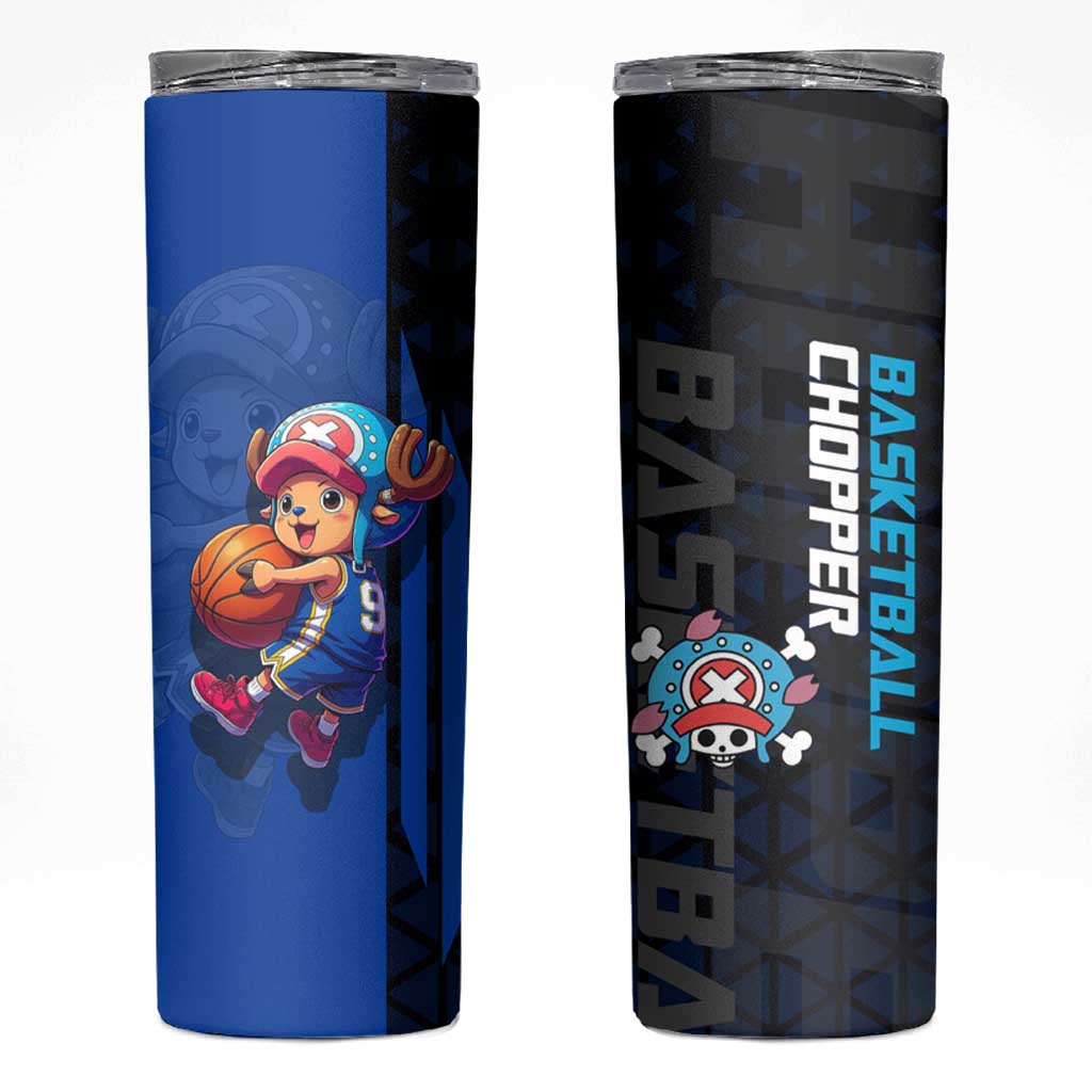 Tony Tony Chopper One Piece Basketball Theme Blue and Black Design Skinny Tumbler with Straw Hat Crew Emblem and Playful Pose - The Mazicc