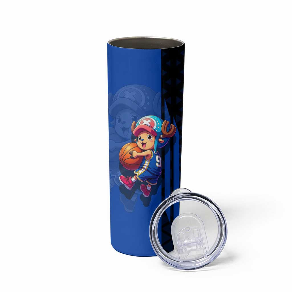 Tony Tony Chopper One Piece Basketball Theme Blue and Black Design Skinny Tumbler with Straw Hat Crew Emblem and Playful Pose - The Mazicc