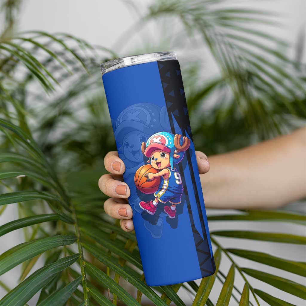 Tony Tony Chopper One Piece Basketball Theme Blue and Black Design Skinny Tumbler with Straw Hat Crew Emblem and Playful Pose - The Mazicc