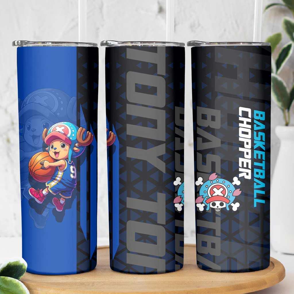 Tony Tony Chopper One Piece Basketball Theme Blue and Black Design Skinny Tumbler with Straw Hat Crew Emblem and Playful Pose - The Mazicc