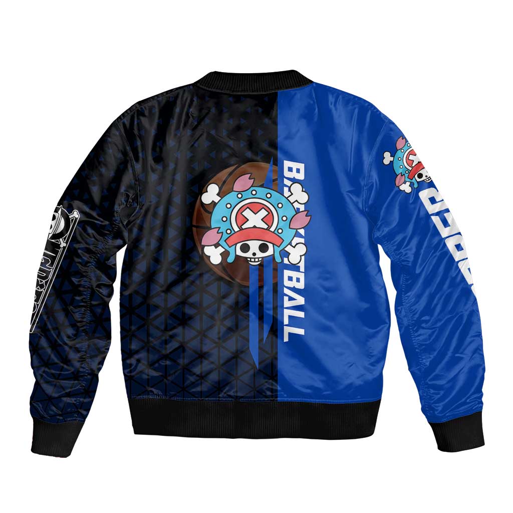 Tony Tony Chopper One Piece Basketball Theme Blue and Black Design Sleeve Zip Bomber Jacket with Straw Hat Crew Emblem and Playful Pose - The Mazicc