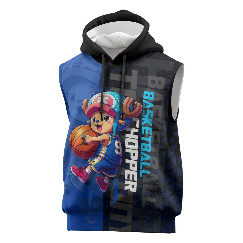 Tony Tony Chopper One Piece Basketball Theme Blue and Black Design Sleeveless Hoodie with Straw Hat Crew Emblem and Playful Pose - The Mazicc