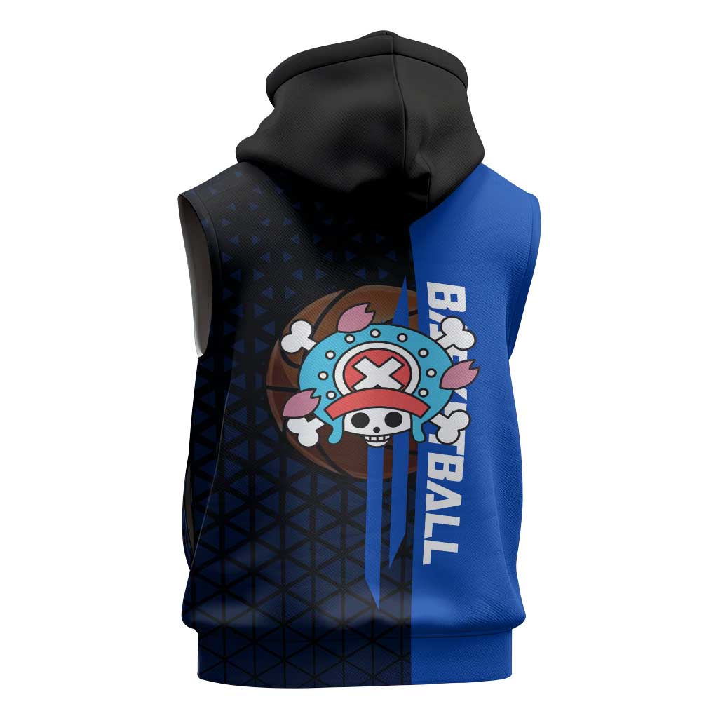 Tony Tony Chopper One Piece Basketball Theme Blue and Black Design Sleeveless Hoodie with Straw Hat Crew Emblem and Playful Pose - The Mazicc