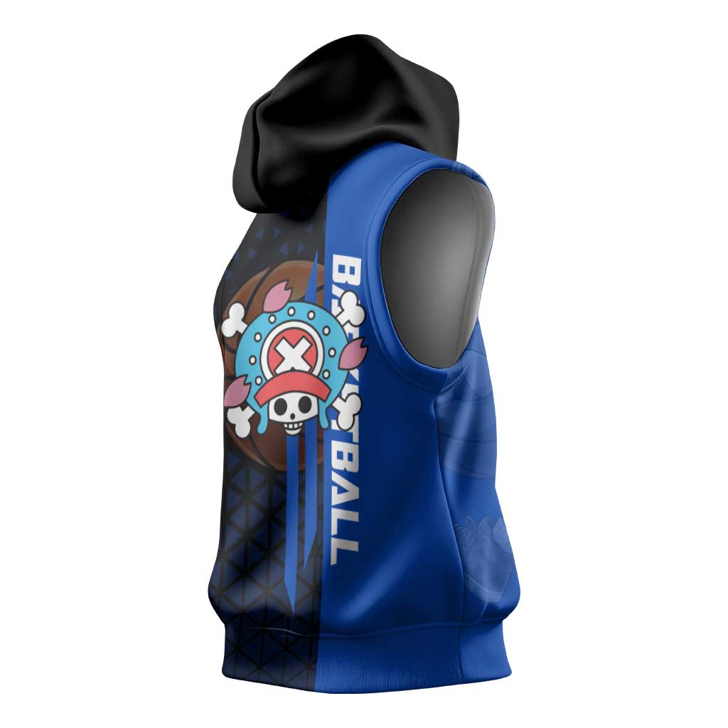 Tony Tony Chopper One Piece Basketball Theme Blue and Black Design Sleeveless Hoodie with Straw Hat Crew Emblem and Playful Pose - The Mazicc