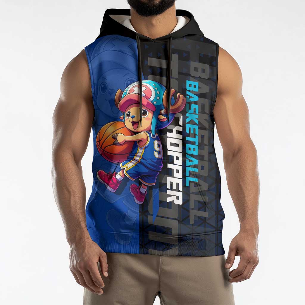 Tony Tony Chopper One Piece Basketball Theme Blue and Black Design Sleeveless Hoodie with Straw Hat Crew Emblem and Playful Pose - The Mazicc