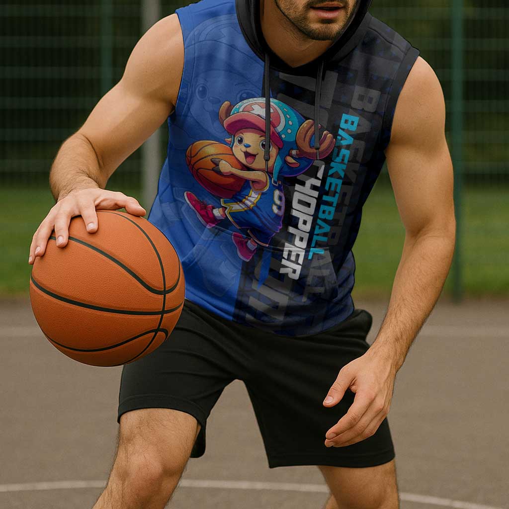 Tony Tony Chopper One Piece Basketball Theme Blue and Black Design Sleeveless Hoodie with Straw Hat Crew Emblem and Playful Pose - The Mazicc