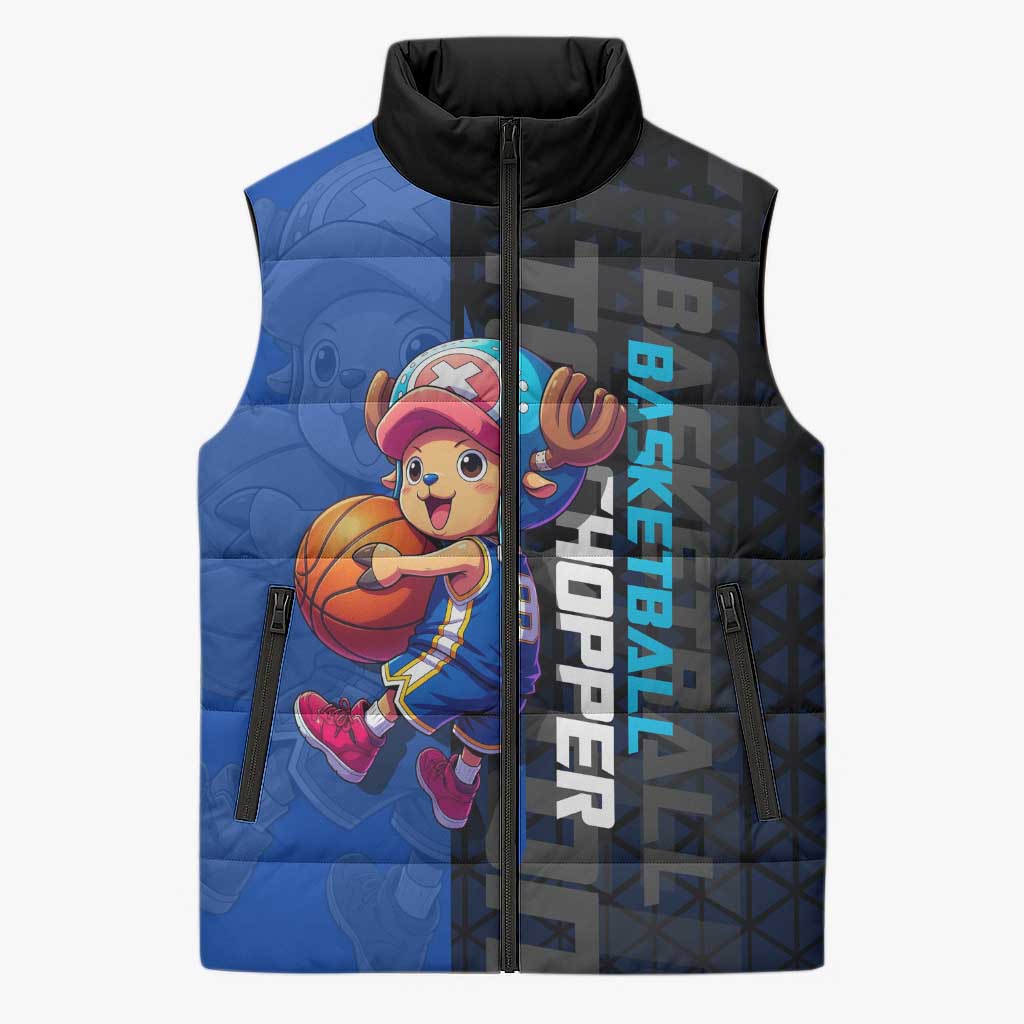 Tony Tony Chopper One Piece Basketball Theme Blue and Black Design Sleeveless Puffer Jacket with Straw Hat Crew Emblem and Playful Pose - The Mazicc