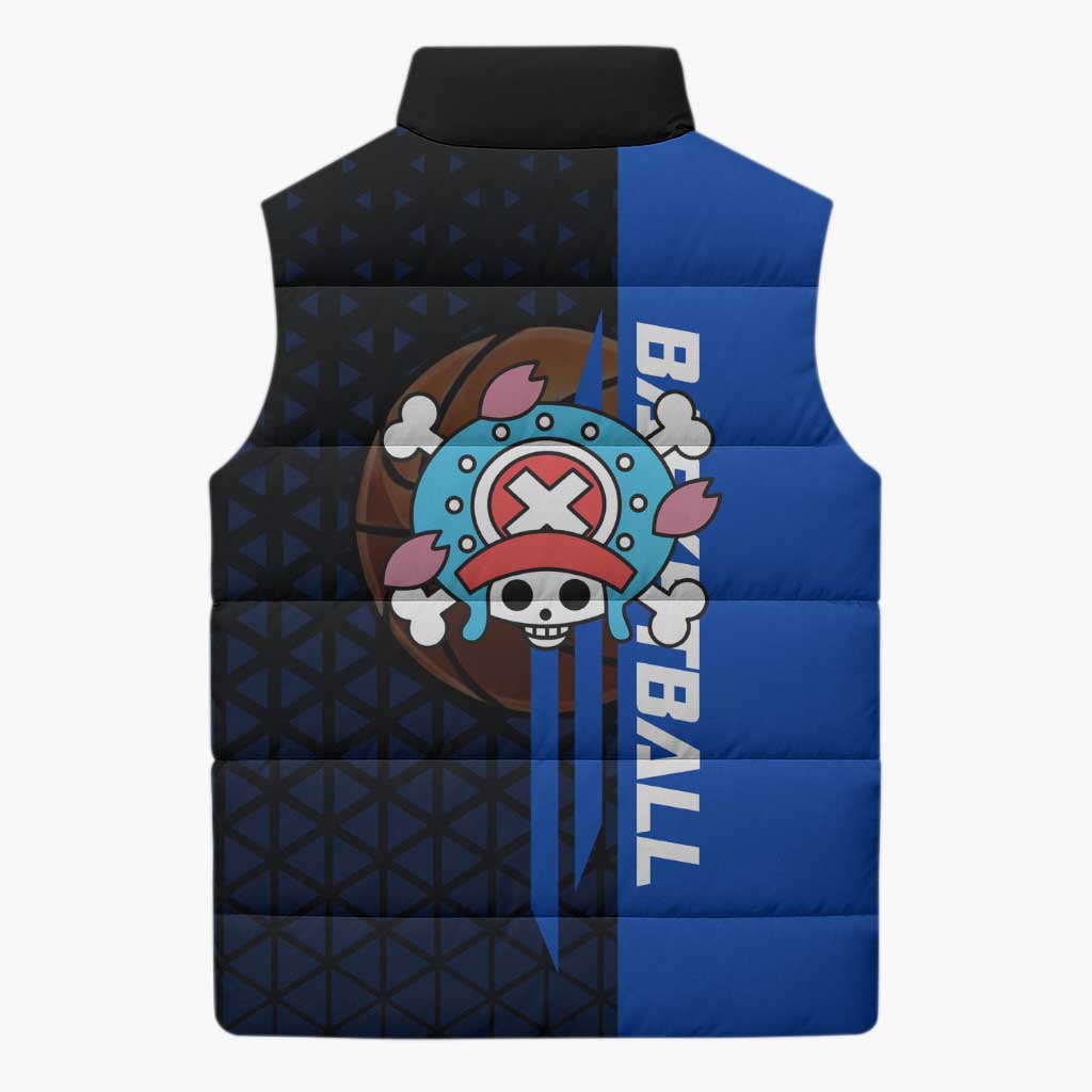 Tony Tony Chopper One Piece Basketball Theme Blue and Black Design Sleeveless Puffer Jacket with Straw Hat Crew Emblem and Playful Pose - The Mazicc