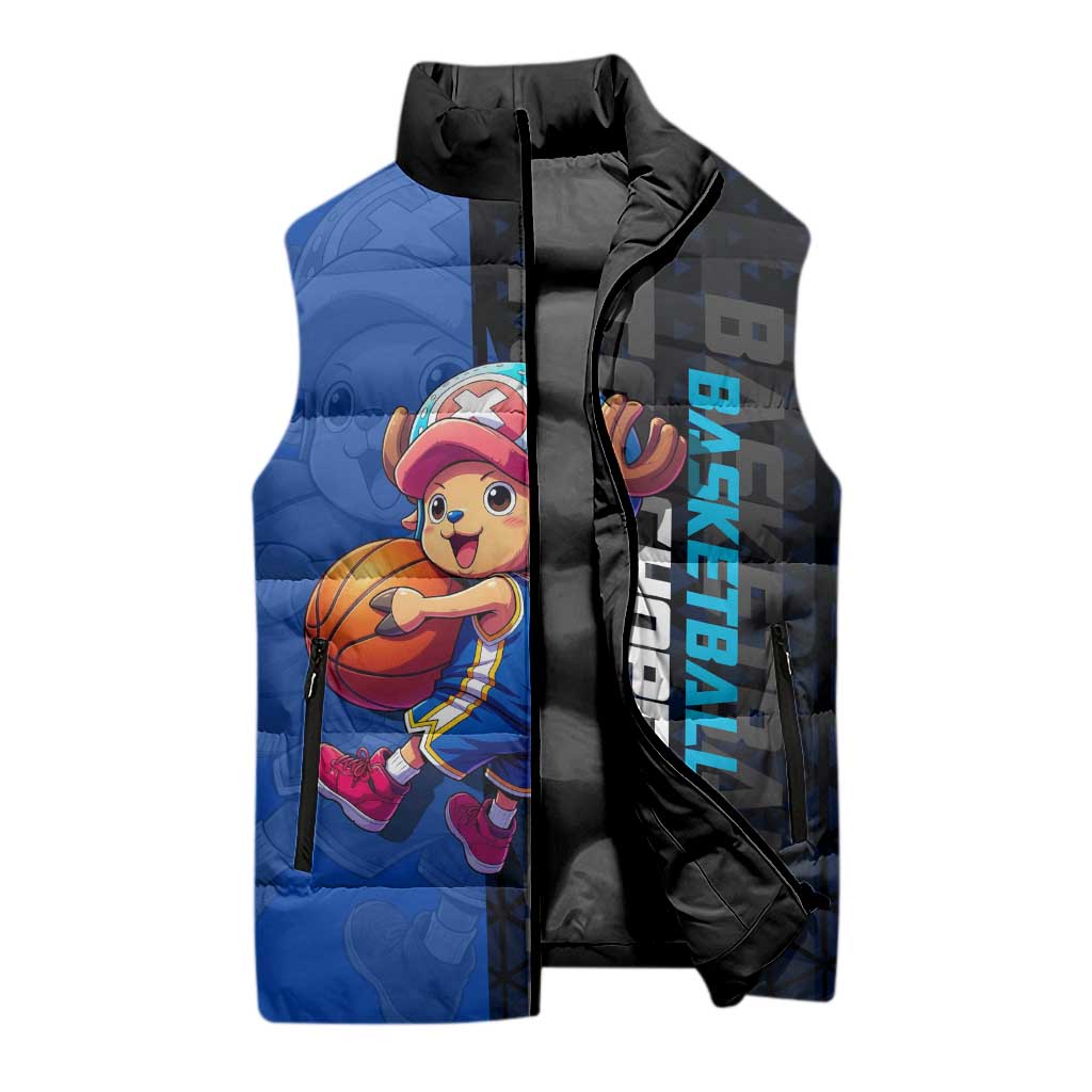 Tony Tony Chopper One Piece Basketball Theme Blue and Black Design Sleeveless Puffer Jacket with Straw Hat Crew Emblem and Playful Pose - The Mazicc